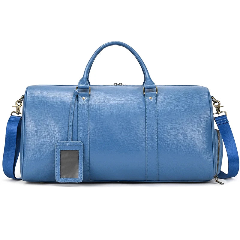 Sac de voyage en cuir véritable de grande capacité pour hommes et femmes, en cuir de vache noir souple, polochon de voyage décontracté, grand sac à bandoulière pour week-end