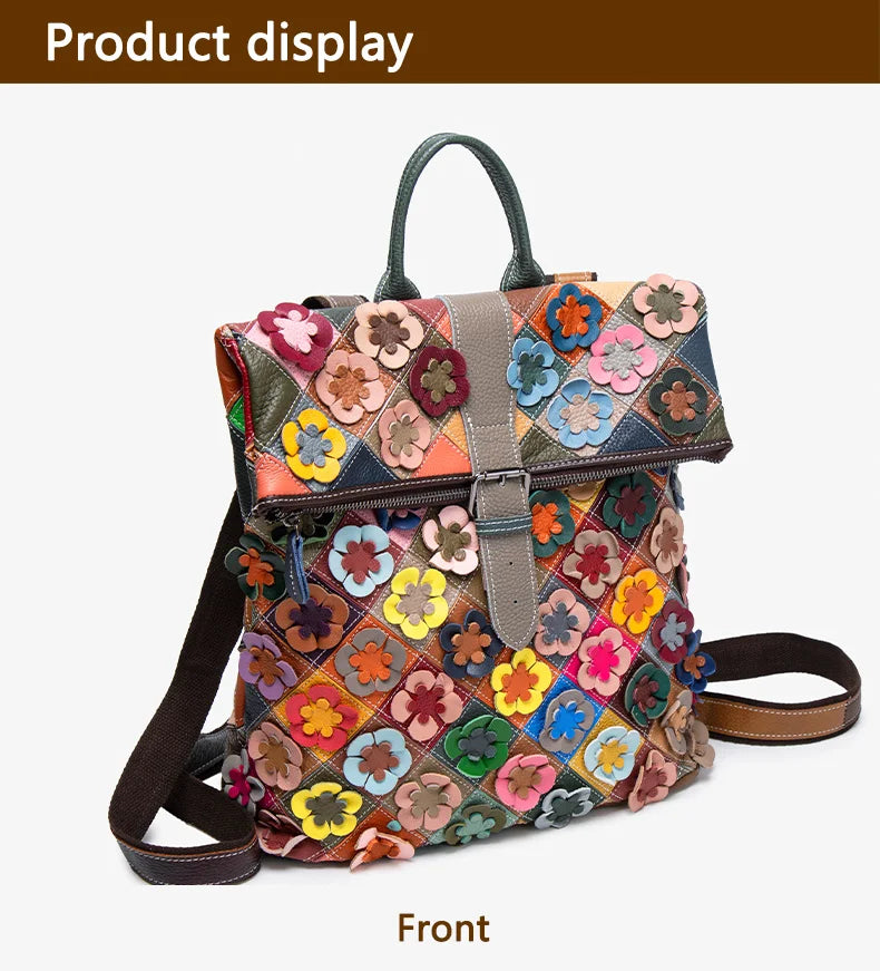 Handmade bag, three-dimensional floral romantic backpack, colorful patchwork retro backpack, luxurious travel experience