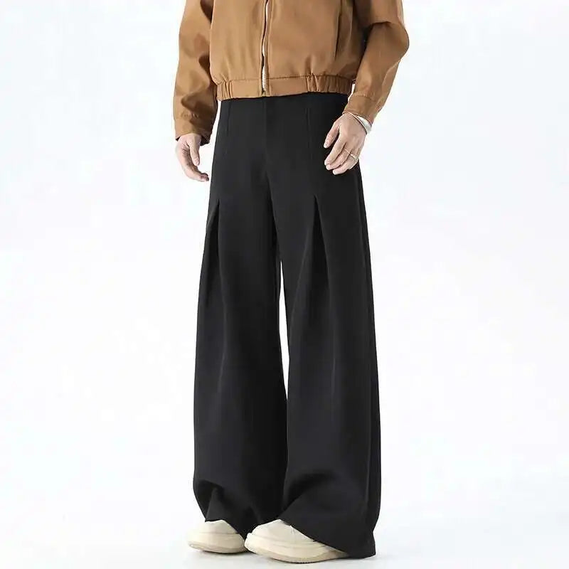 IEFB Pleated Design Men's Suit Pants Casual Solid Color American Style Bottom Drape Straight Wide Leg Male Trousers Simple 9W717