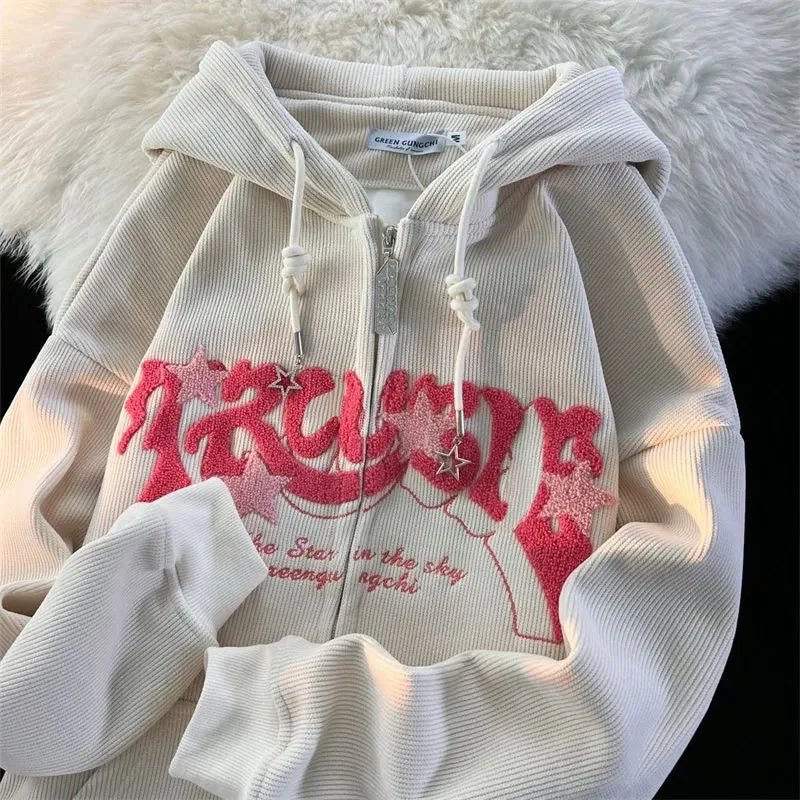 Y2k Zip Up Hoodie Women Spring Retro Embroidered Letter Loose Long Sleeve Tops 2025 Casual Hooded Sweatshirts Harajuku Jackets