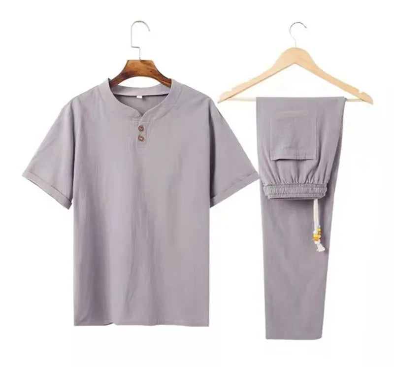 (Shirt + trousers) 2025 summer men shirt Cotton and linen shirts elastic waist Short sleeve casual men's shirts men size M-5XL