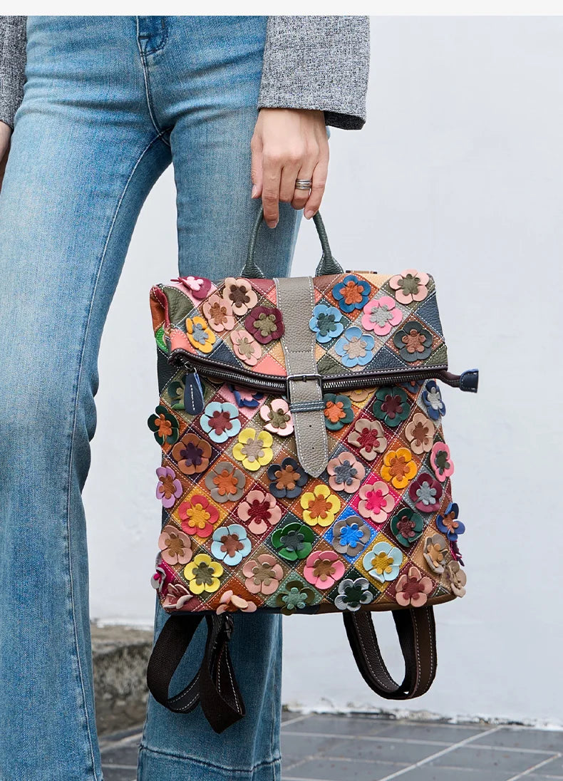 Handmade bag, three-dimensional floral romantic backpack, colorful patchwork retro backpack, luxurious travel experience