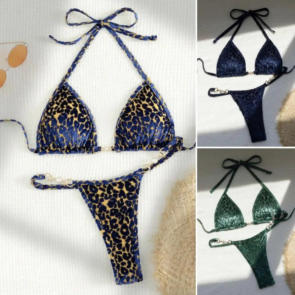 2Pcs/Set Women Bikini Set Leopard Print Halter Bra Faux Pearls Briefs Set Quick Drying Two-piece Lady Swimsuit Beachwear