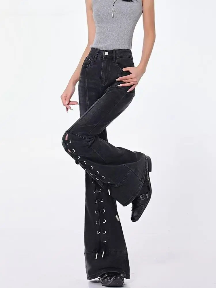 Fashion high street strap design retro black micro-flare jeans Y2k Goth women slim fit new flared pants