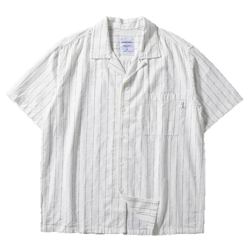 Men's Cuban Collar Linen Shirt - Summer Japanese-Inspired Retro Hong Kong Style Striped Casual Short-Sleeve Shirt with Jacquard