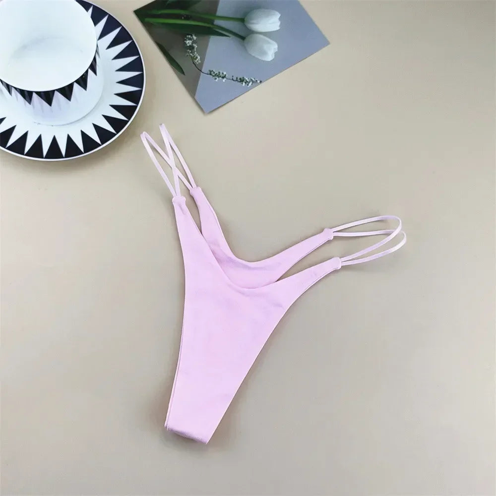 2PCS/Set Strappy Plus Size Two Layers Cotton G Strings Panties for Women Low Rise Solid Color Pink Thong Tanga Underwear