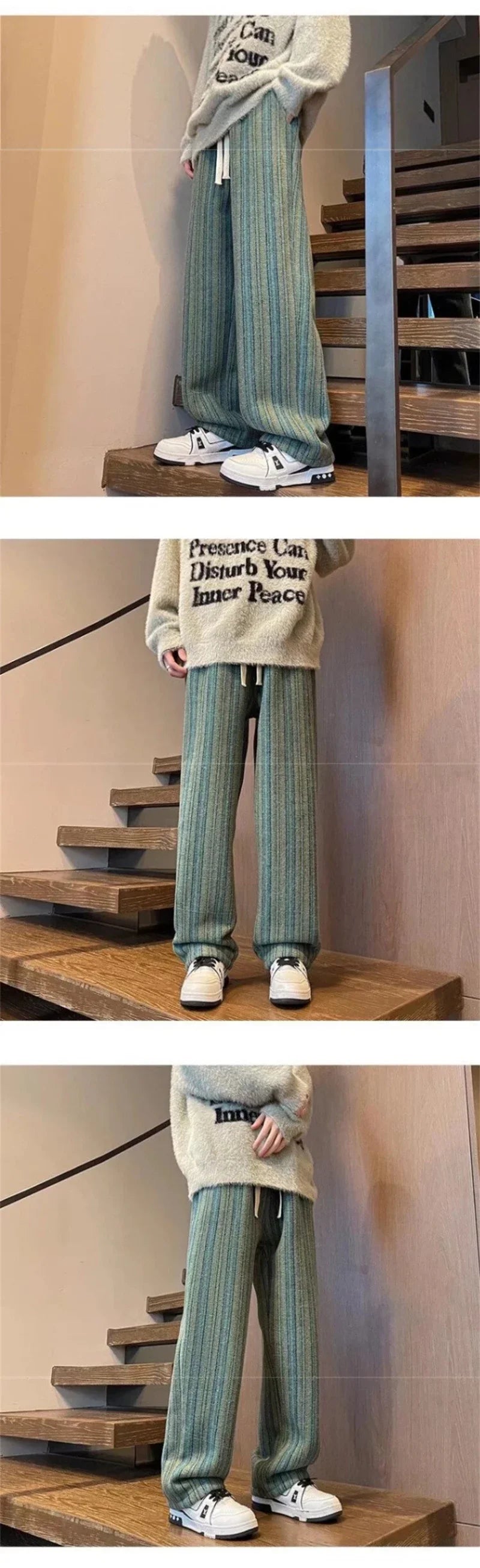 2025 New Men's Striped Woolen Straight Leg Trousers Classic Y2K Vintage Baggy Pants Casual High Street Fashion Gym Sweatpants