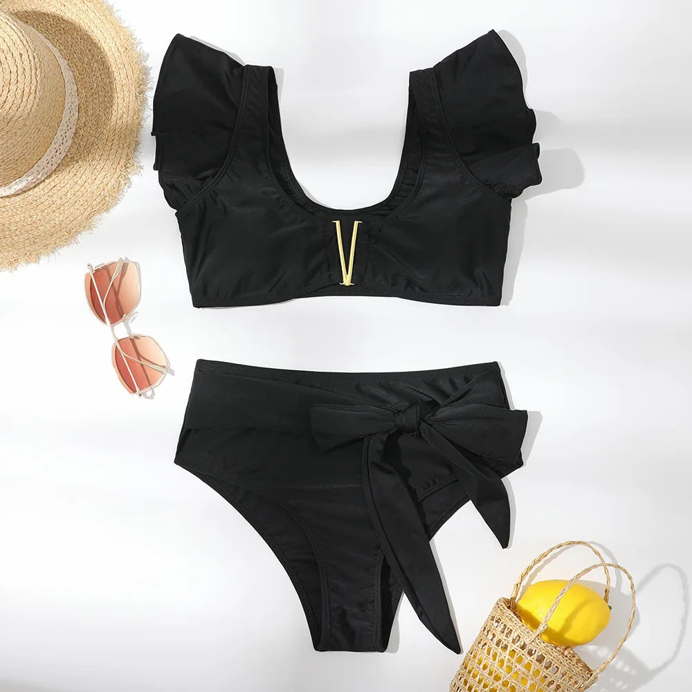2025 New Sexy High Waist Ruffled Bikini Set Flounce Swimwear Women Swimsuit Solid Strappy Beachwear V-neck Bathing Suit Biquini