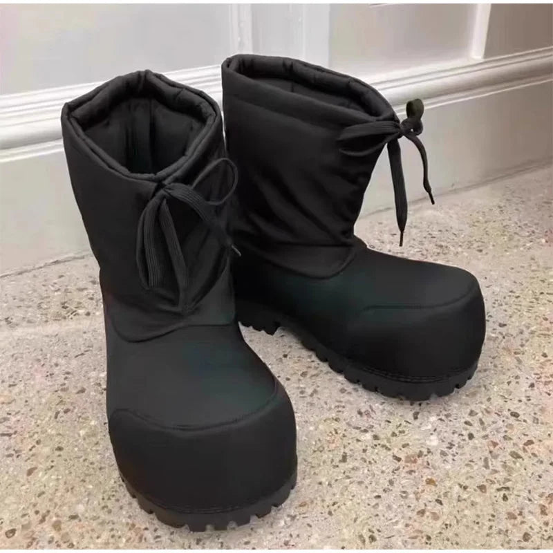 Unisex Big Head Botas Mujer Designer Drawstring Snow Boot Waterproof Anti-slip Warm Padded Thickened Platform Bottom Ankle Shoes