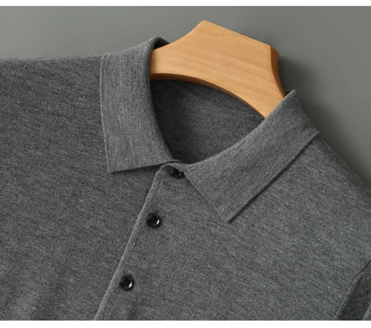 Spring Autumn Men Shirt Merino Worsted Wool Knitted Pullover Long Sleeve Polo-Collar Clothing Tops Smart Casual Thin Outerwears