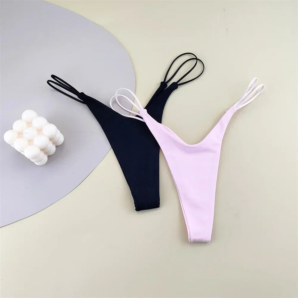 2PCS/Set Strappy Plus Size Two Layers Cotton G Strings Panties for Women Low Rise Solid Color Pink Thong Tanga Underwear