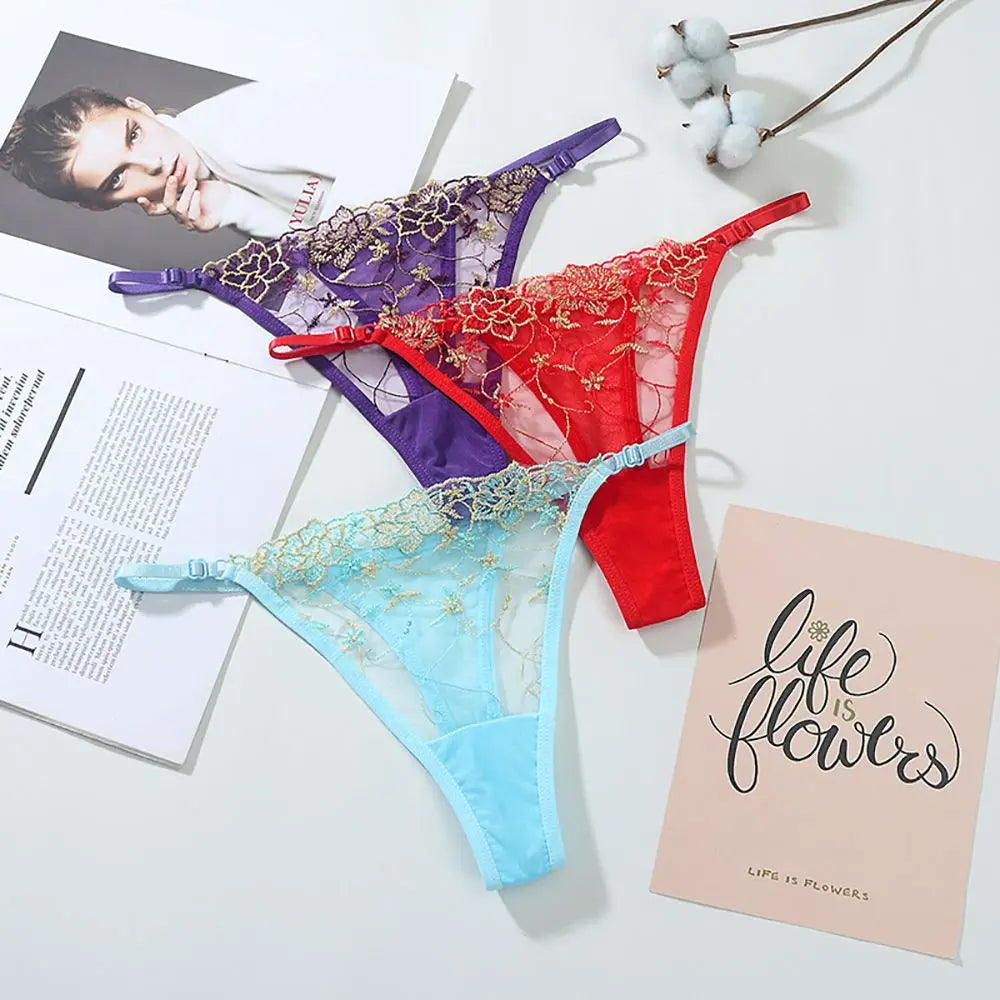 New Underwear Women Embroidery Flower Hollow Mesh Panties Soft Thin G-String Solid Thongs Sexy Female Underpants Lingerie