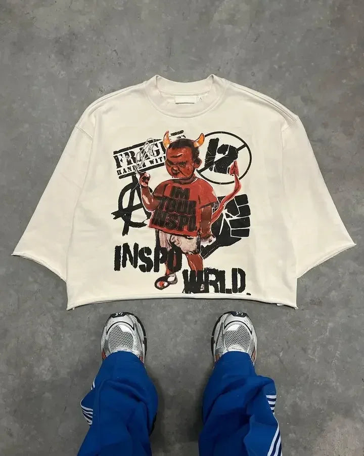 Y2K Harajuku Hip Hop Character Graphic Printed Seven Quarter Sleeves Tops Gothic Retro Dark Green T Shirt Mens Womens Clothing