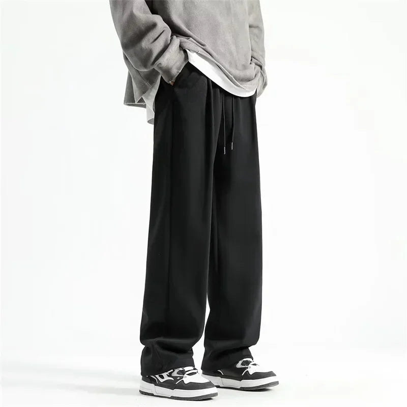 Spring Men's Solid Color Fleece Baggy Sweatpants Y2K Streetwear Straight Wide Leg Trousers 2025 New Korean Fashion Pants