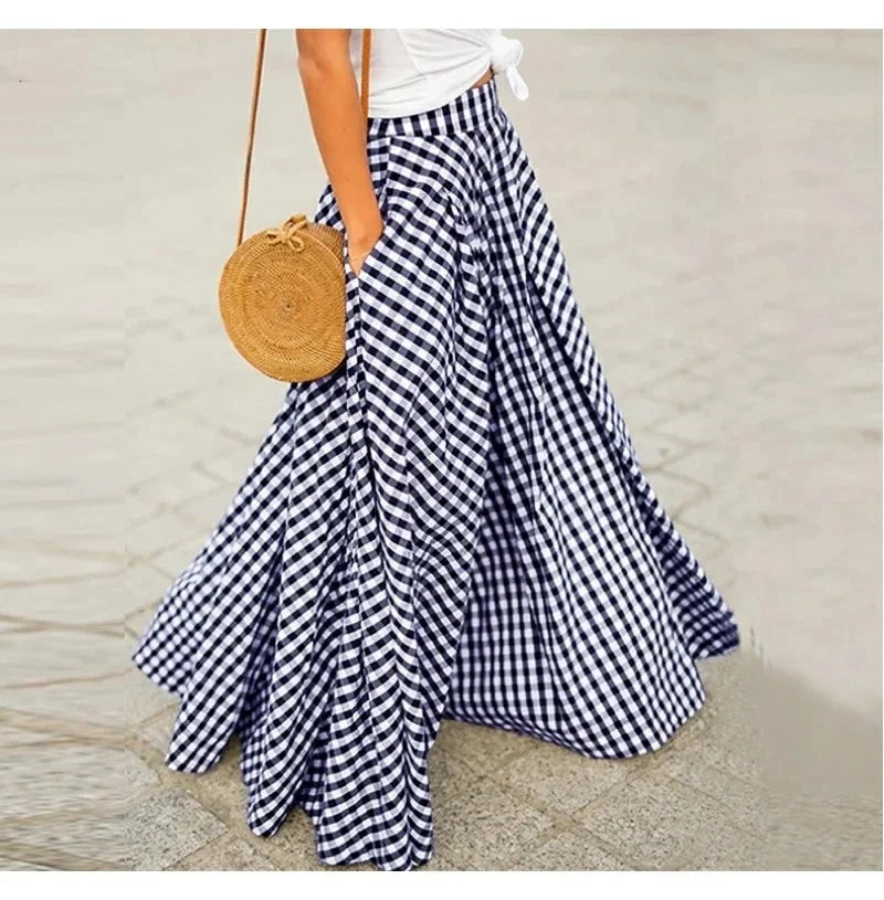Elegant High-Waisted Long Dress For Women Summer New Arrival Commuting Plaid Big Skirt Wide Leg Design Female Fashion