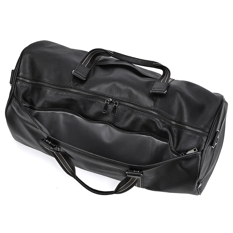 Sac de voyage en cuir véritable de grande capacité pour hommes et femmes, en cuir de vache noir souple, polochon de voyage décontracté, grand sac à bandoulière pour week-end