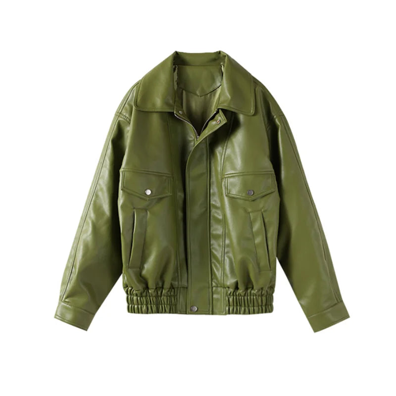 PU Leather Jacket For Women Zipper Turn-down Collar Loose Fashion Coat Luxury Brown 2025 Spring Street Motorcycle Overcoat Top