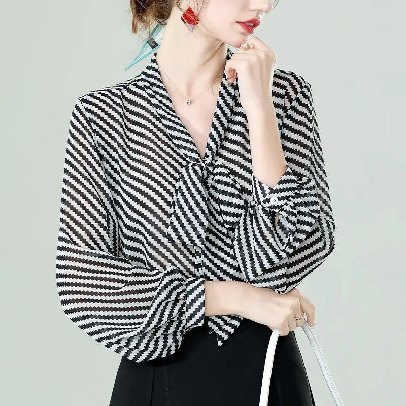 Spring Summer Women Chiffon Shirt Stripe Loose Long Sleeve Bow Office Fashion Urban Cardigan Elegant Women's Blouses 2022 5XL