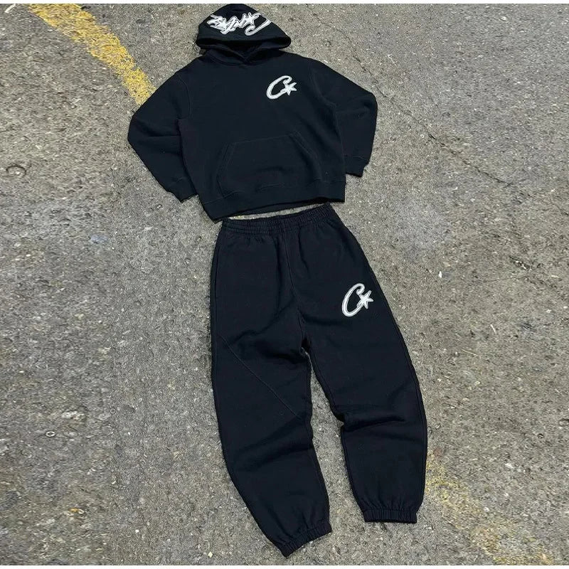 Harajuku couples Clothing set Street retro Gothic tracksuit Y2K Trend Hip Hop personality pattern embroidery oversized tracksuit