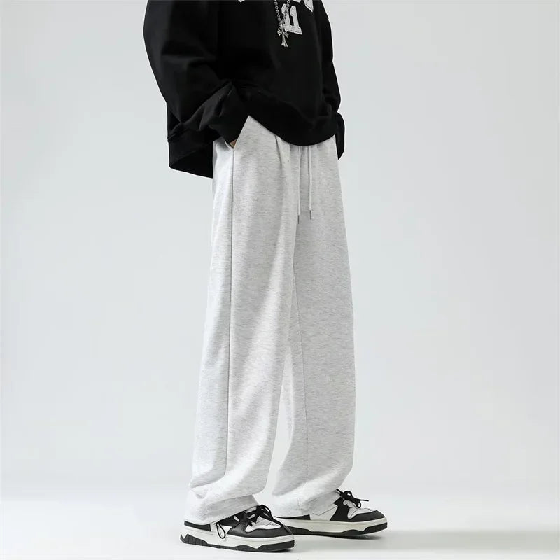 Spring Men's Solid Color Fleece Baggy Sweatpants Y2K Streetwear Straight Wide Leg Trousers 2025 New Korean Fashion Pants