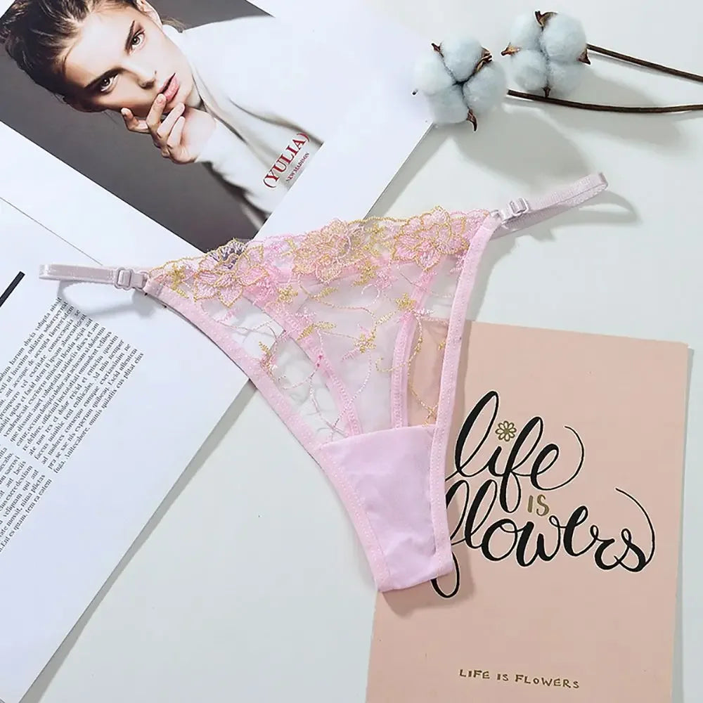 New Underwear Women Embroidery Flower Hollow Mesh Panties Soft Thin G-String Solid Thongs Sexy Female Underpants Lingerie