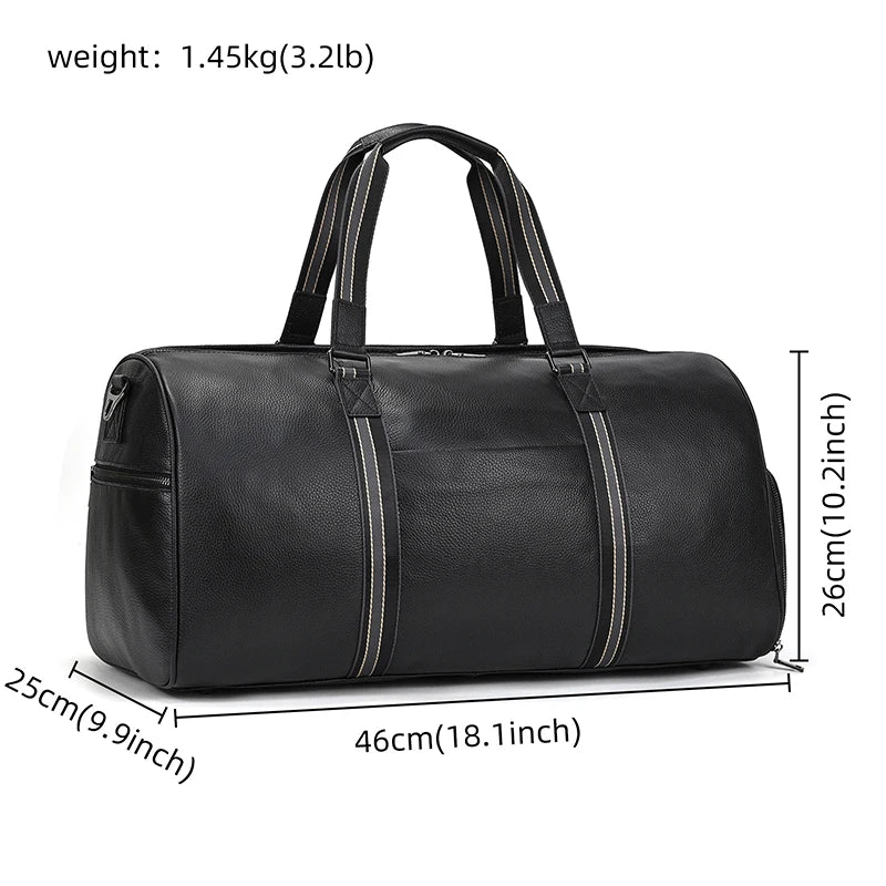 Sac de voyage en cuir véritable de grande capacité pour hommes et femmes, en cuir de vache noir souple, polochon de voyage décontracté, grand sac à bandoulière pour week-end