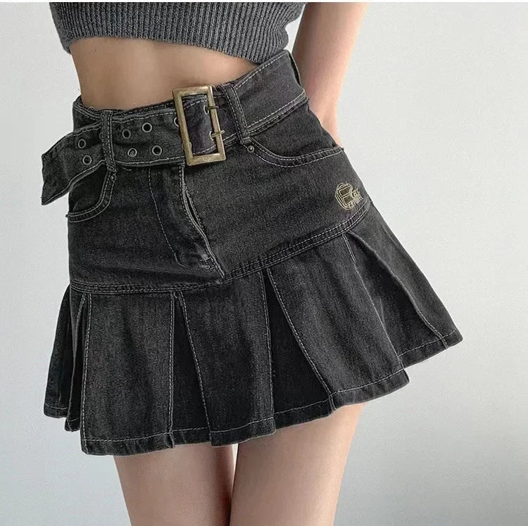 High Waist Denim Mini Skirt for Women Summer American Style Retro Pleated A- Line Short Skirt Trendy Cotton Denim Skirts