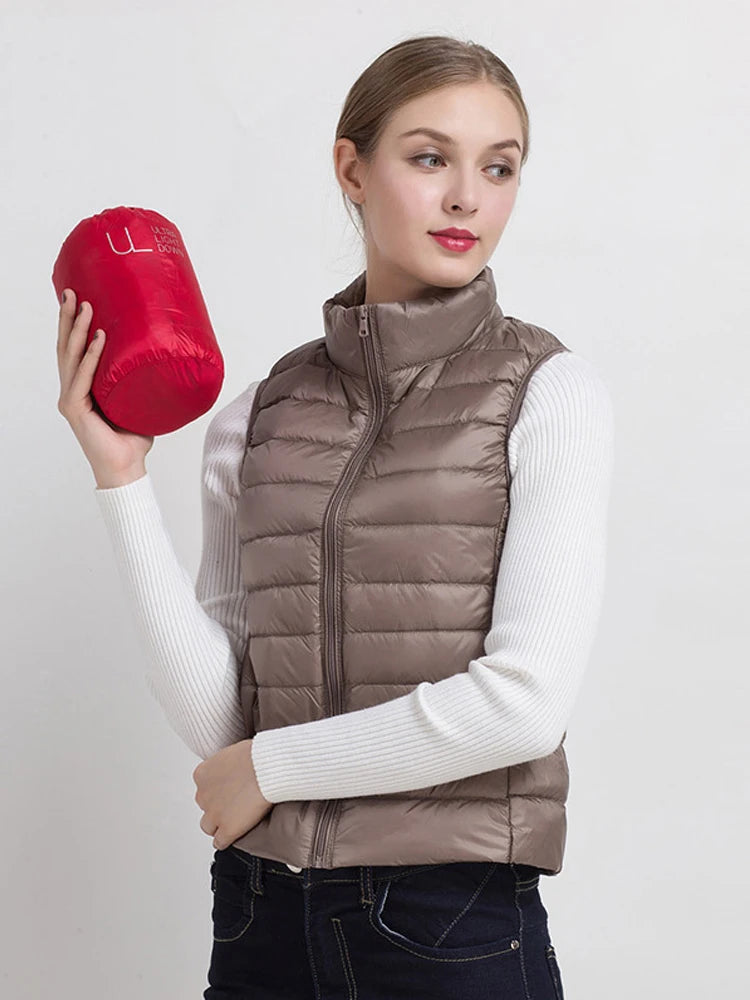 0-10 ℃ Femmes gilets automne hiver Ultra léger canard vers le bas gilet femme mince sans manches veste coupe-vent chaud bouffant gilet 4XL