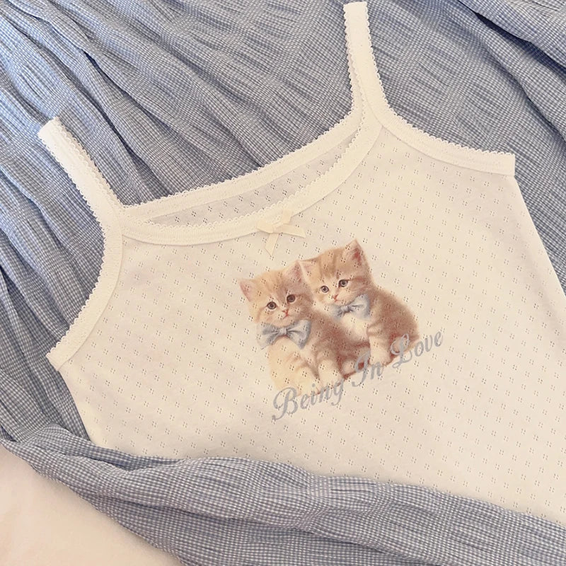 Cute Tops Women Summer Cotton Camis Pink Bow Print Knitted Crop Top for Sweet Girl Lolita Style Kawaii Clothes