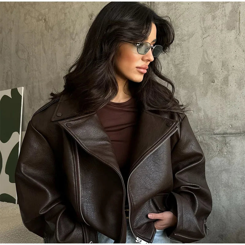 PU Leather Jacket For Women Zipper Turn-down Collar Loose Fashion Coat Luxury Brown 2025 Spring Street Motorcycle Overcoat Top