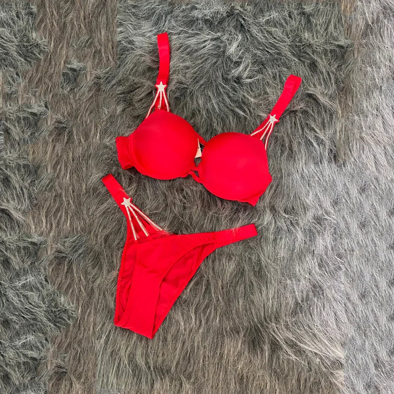 Sexy Bra Set Star Rhinestone Women Bralette Girls Underwear Brassiere Fashion Thong Gather Bras Lingerie Panties Sets
