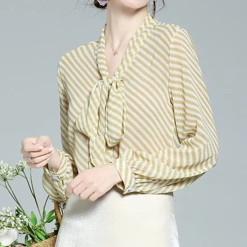Spring Summer Women Chiffon Shirt Stripe Loose Long Sleeve Bow Office Fashion Urban Cardigan Elegant Women's Blouses 2022 5XL