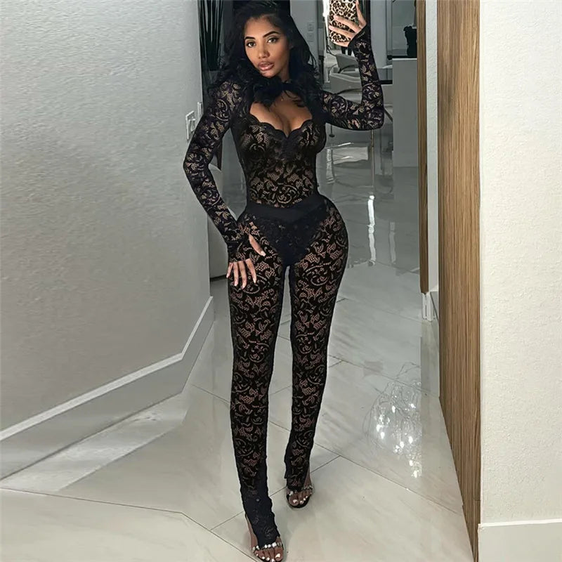 Leosoxs See Through 2 Piece Set Women Sexy Hollow Jacquard Backless Bodysuit+Leggings Tight Activity Clubwear Skinny Outfits