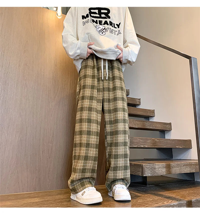 New Y2K Vintage Plaid Baggy Pants Men's High Street Woolen Straight-leg Trousers Autumn Korean Fashion Hip Hop pantalones hombre