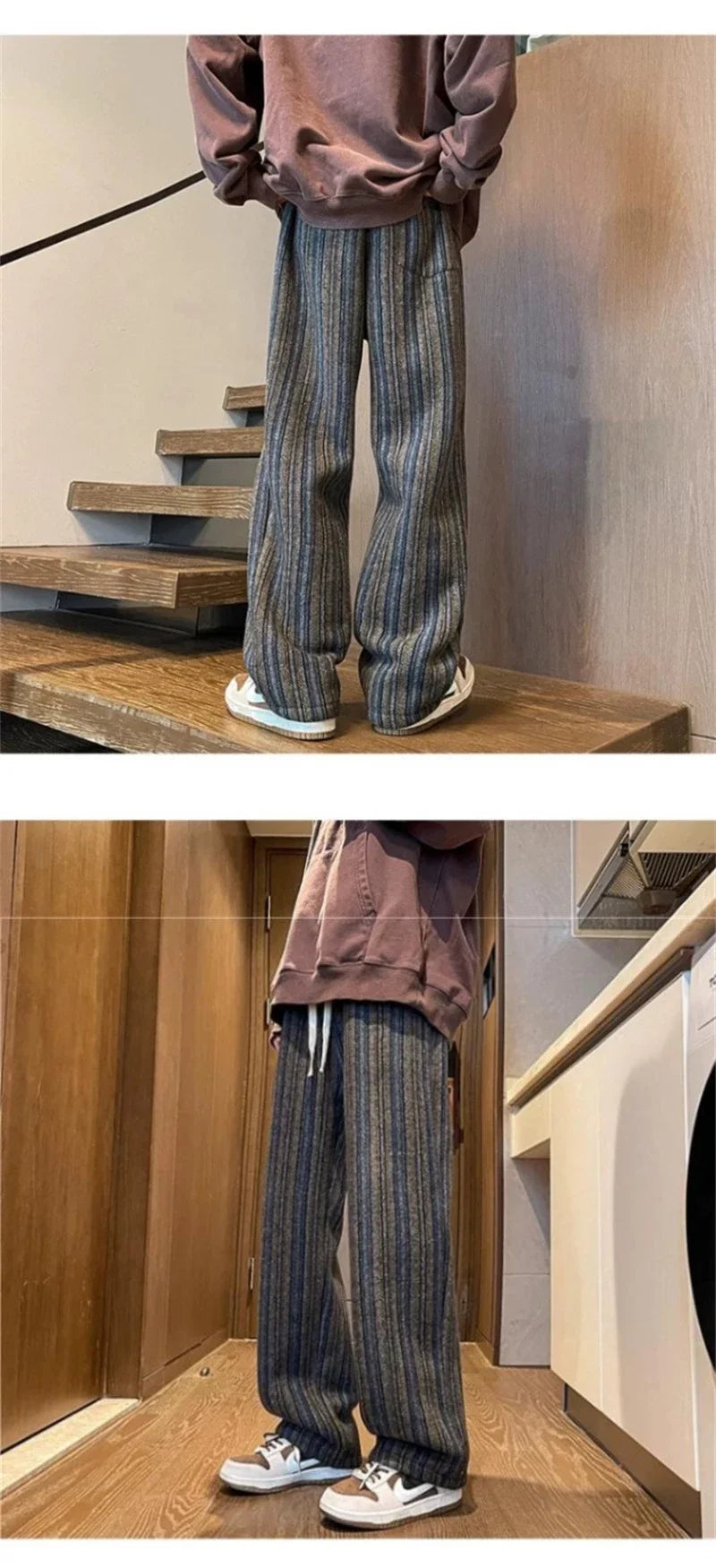 2025 New Men's Striped Woolen Straight Leg Trousers Classic Y2K Vintage Baggy Pants Casual High Street Fashion Gym Sweatpants