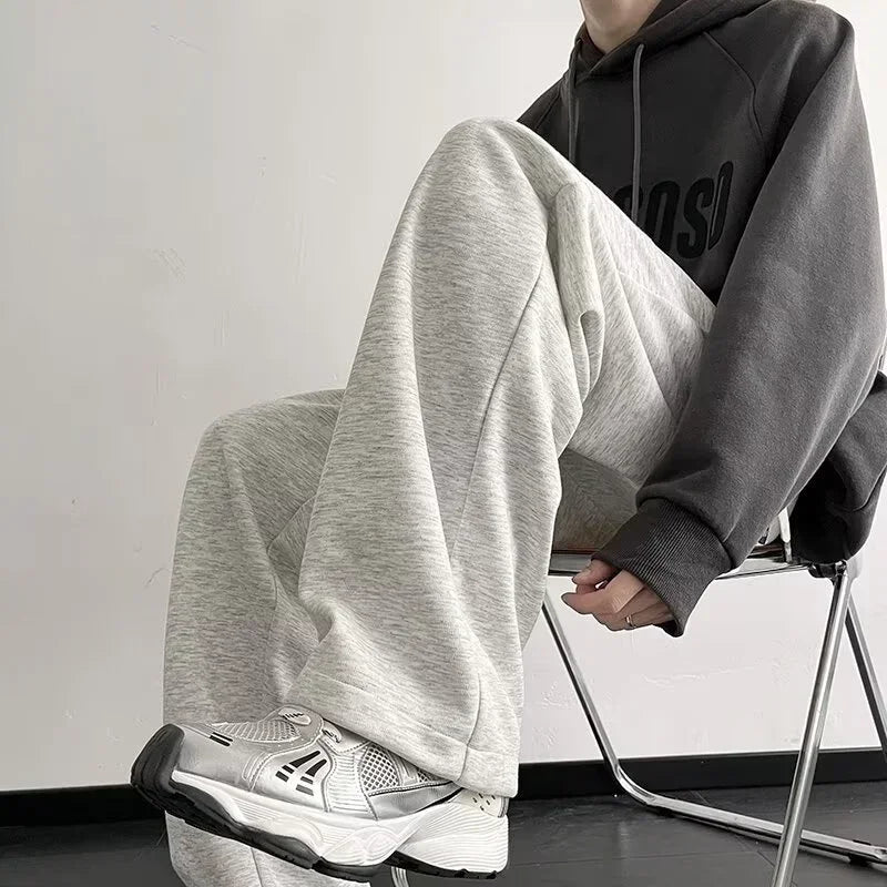 Spring Men's Solid Color Fleece Baggy Sweatpants Y2K Streetwear Straight Wide Leg Trousers 2025 New Korean Fashion Pants