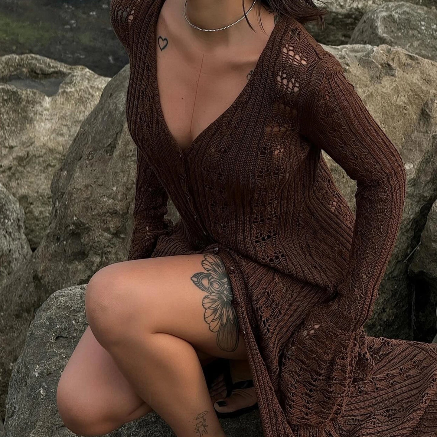 Women Knit Dress Long Sleeve Button Closure Cardigan Hollow Out Long Dress Top for Daily Street Summer Fall