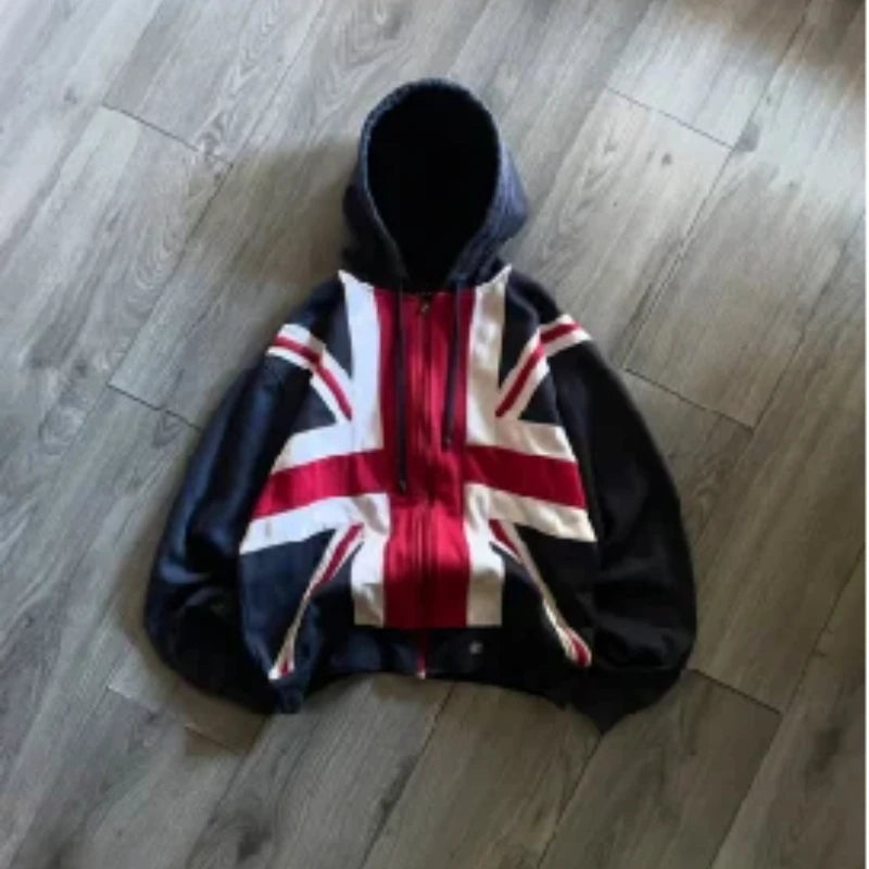 Hip-hop retro street American Y2k zipper hoodie national flag print splicing classic fashion loose sports cardigan men's style