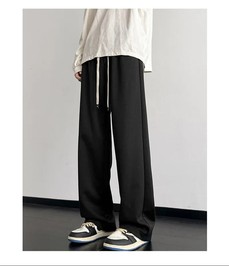 Spring Men's Solid Color Fleece Baggy Sweatpants Y2K Streetwear Straight Wide Leg Trousers 2025 New Korean Fashion Pants