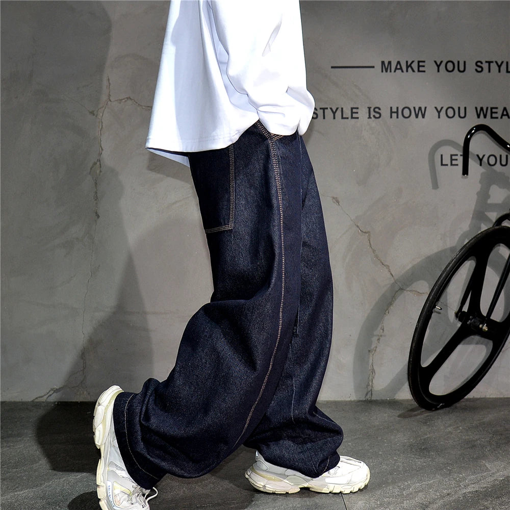 Mens American High Street Baggy Jeans Navy Blue Premium Denim Wide Leg Straight Loose Fit Korean Streetwear Trendy Pants Male