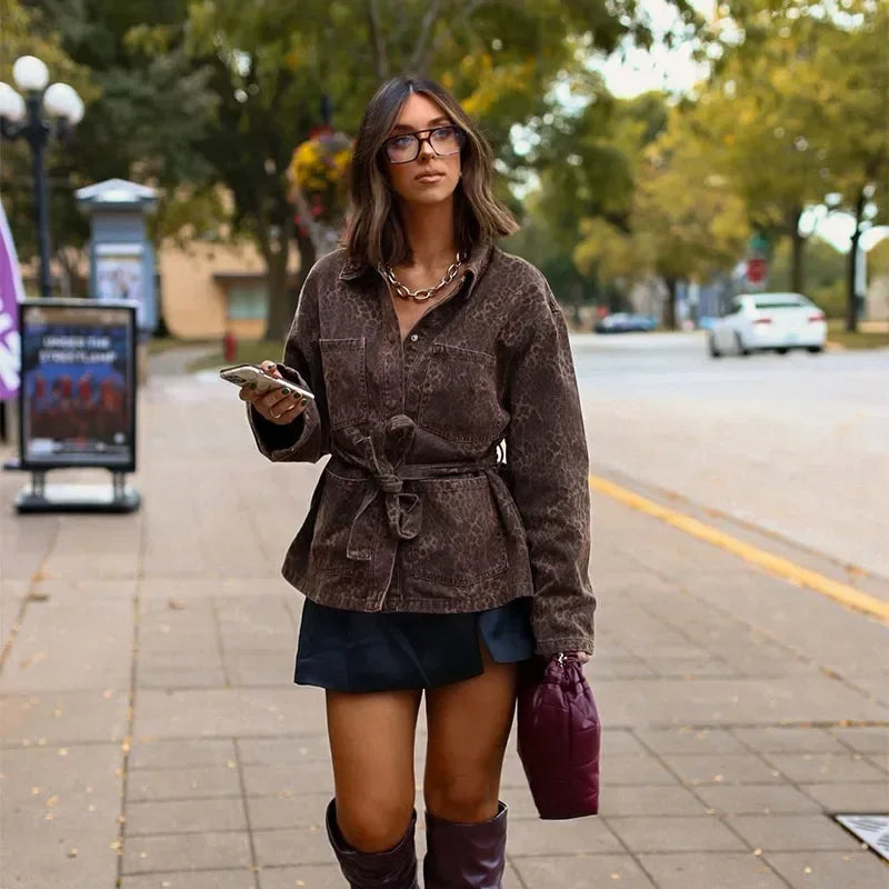 Leopard Printed Denim Single Breasted Belt Women's Coat Fashion Lapel Long Sleeve Short Jacket Fall New Lady Highstreet Outwear