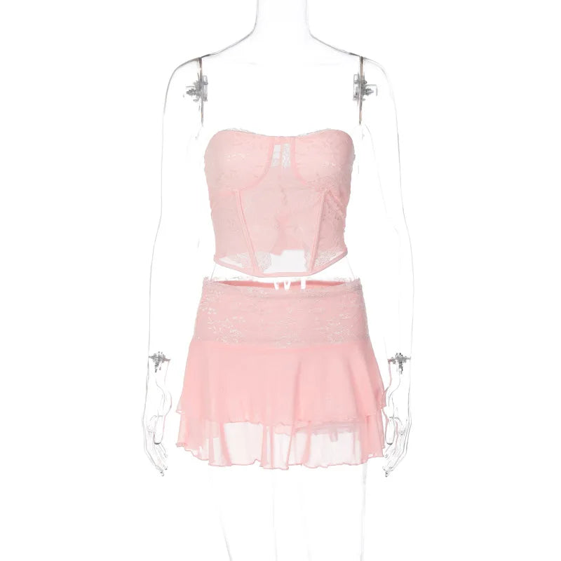 Two Piece Sets Y2k Lace See Through Sexy Camisole Bustiers Womens Sexy Double Layer Mini Skirts Chic Beachwear Crop Top Summer