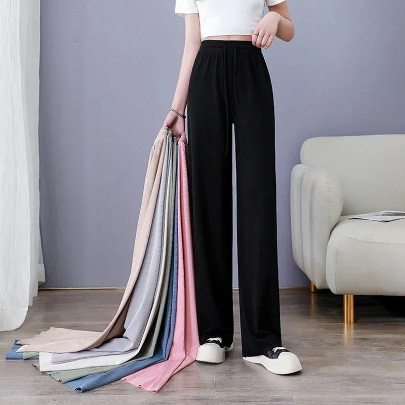 2025 Summer Thin Ice Silk Wide Leg Pants Women's Fashion Trendy Brand High Waist Comfortable Casual Loose Large Pants