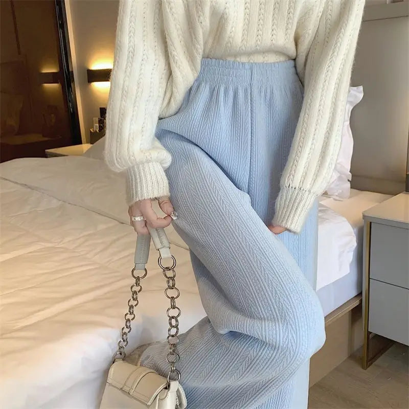 Women Autumn Winter Wide-Leg Pants High-Waist Casual Drape Loose Straight Pants Fleece Elastic Waist Fashion Mopping Pants