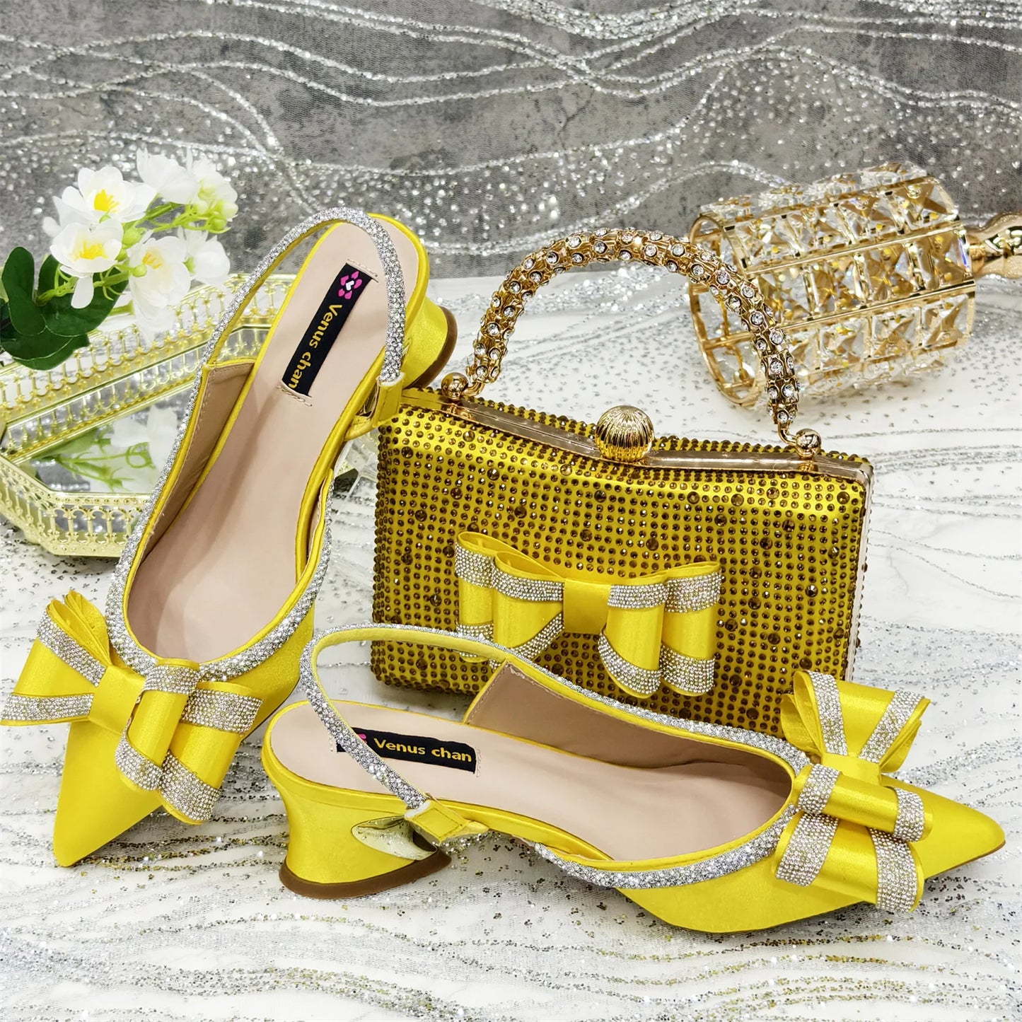 Venus Chan Italy Design 2025 New INS Shoes and Bag to Match Wine Colour Pointed-Toe Rhinestone Bow Party Women's High Heels