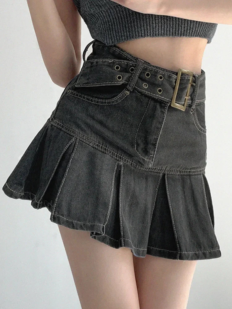 High Waist Denim Mini Skirt for Women Summer American Style Retro Pleated A- Line Short Skirt Trendy Cotton Denim Skirts