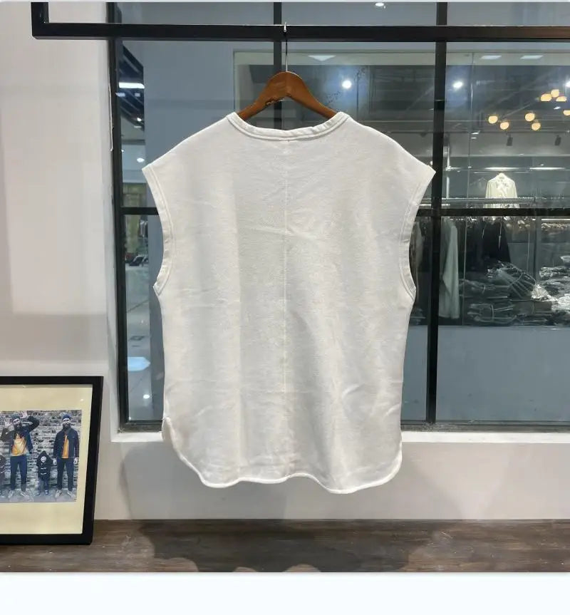 Trendy summer new waffle loose sports vest fitness sleeveless casual men's training solid color crew neck top