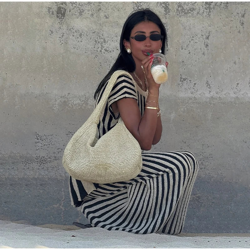 Chic Striped Knitted Button Set Women Elegant Round Neck Short Sleeved Slim Fit Two-piece Suit 2025 New Summer Holiday Outfits