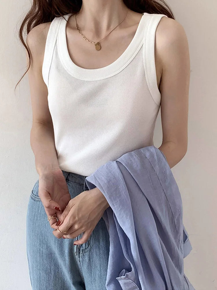 Summer Knitted Solid Color Tanks Top White Skinny Camisole Women Basic Camisole T-Shirt