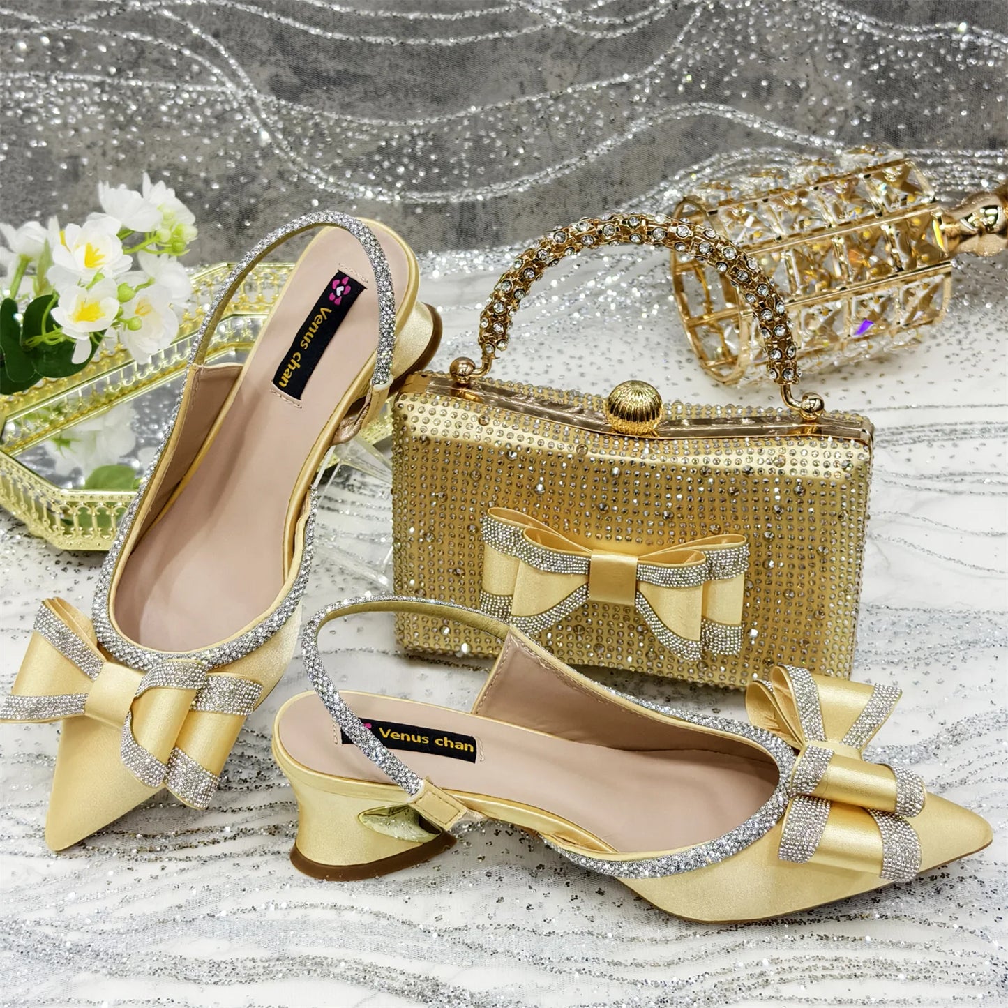 Venus Chan Italy Design 2025 New INS Shoes and Bag to Match Wine Colour Pointed-Toe Rhinestone Bow Party Women's High Heels